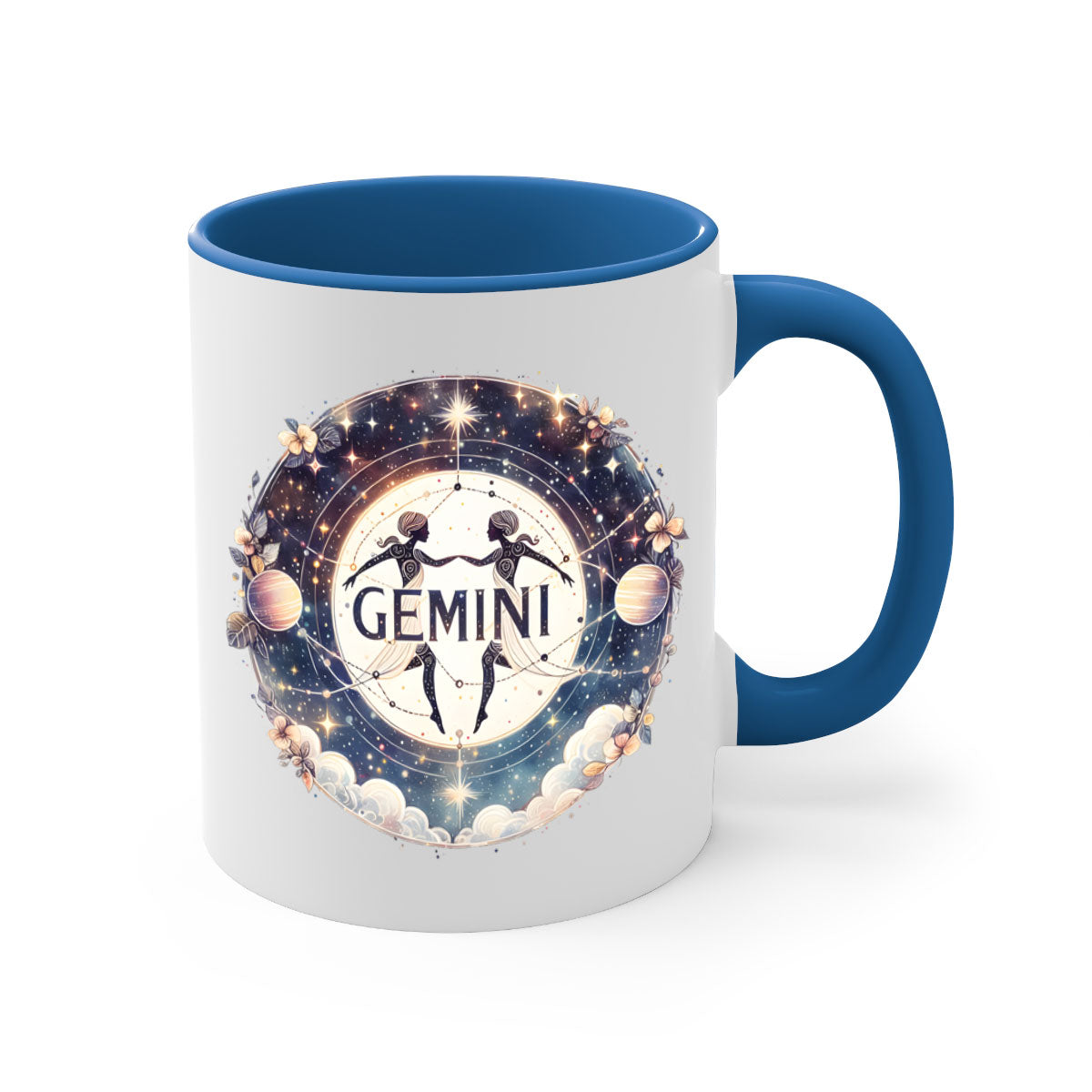 Gemini 237# Zodiac Mug with colorful handle and glossy finish, available in multiple colors and sizes.
