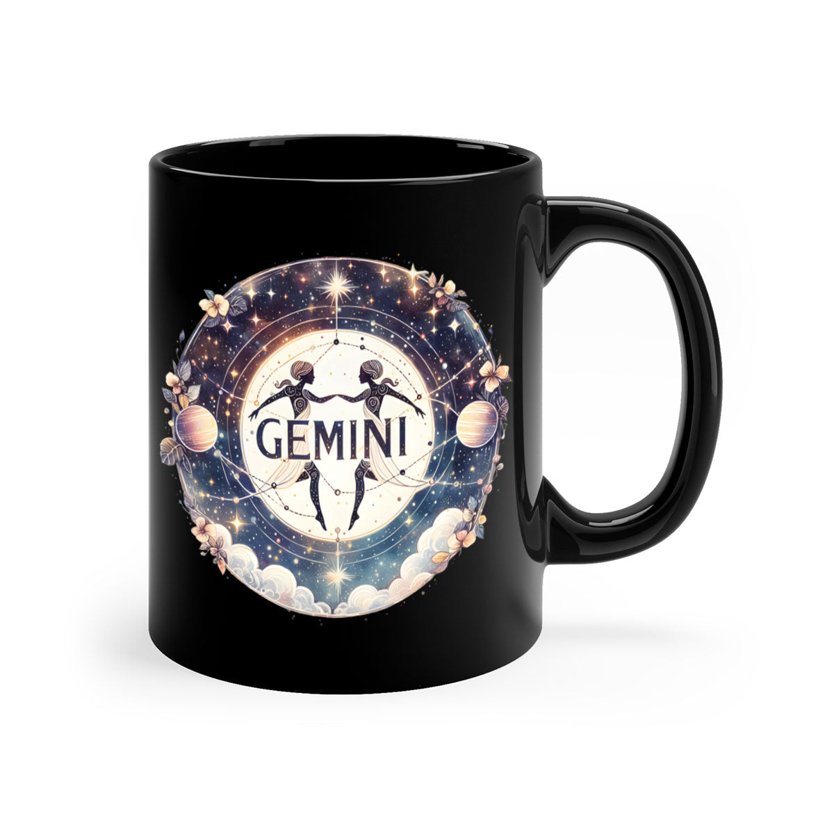 Gemini 237# Zodiac Mug with colorful handle and glossy finish, available in multiple colors and sizes.
