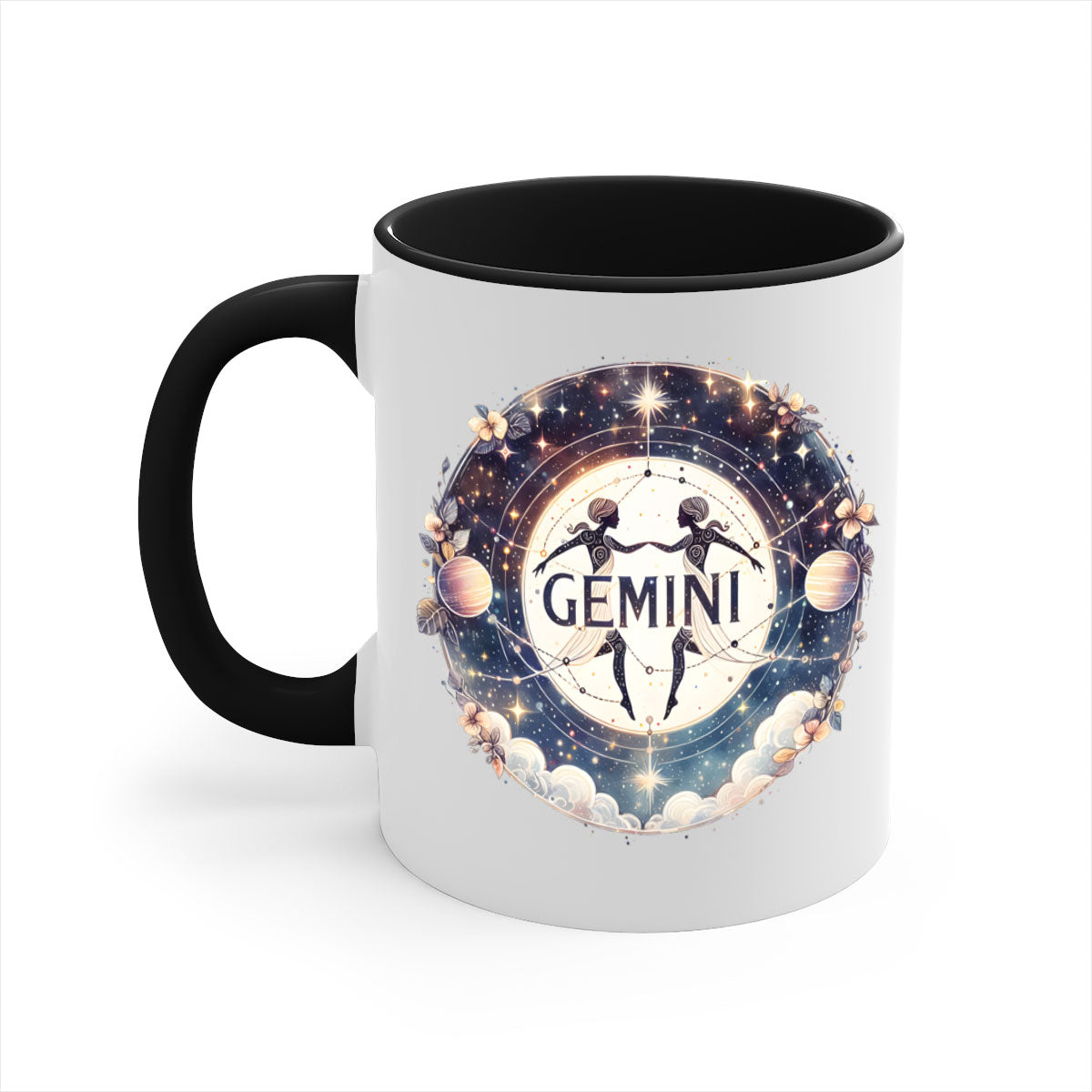 Gemini 237# Zodiac Mug with colorful handle and glossy finish, available in multiple colors and sizes.