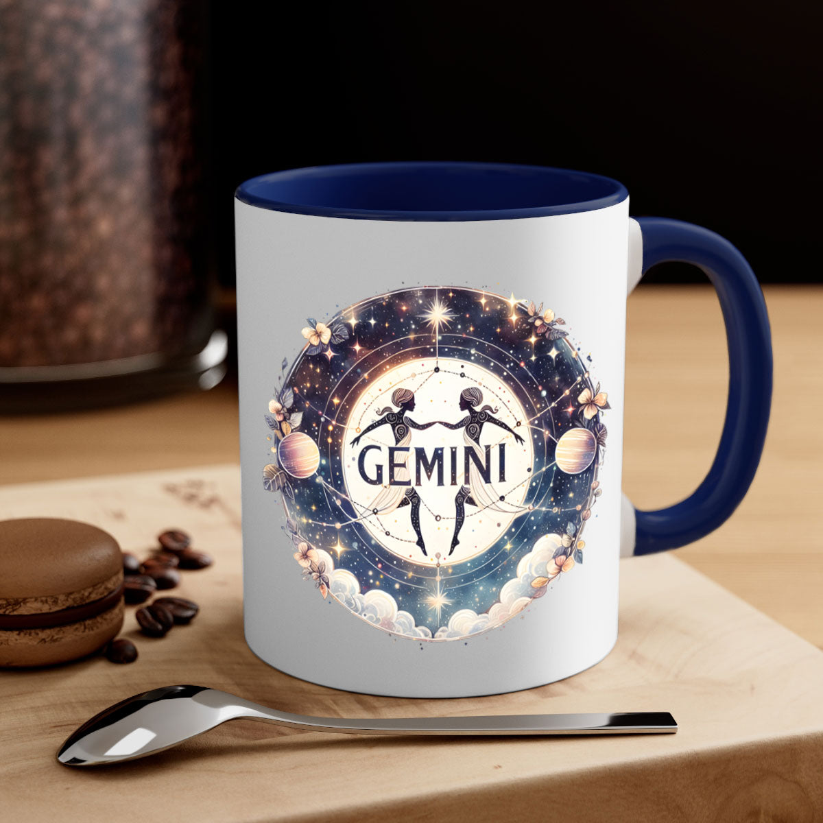 Gemini 237# Zodiac Mug with colorful handle and glossy finish, available in multiple colors and sizes.