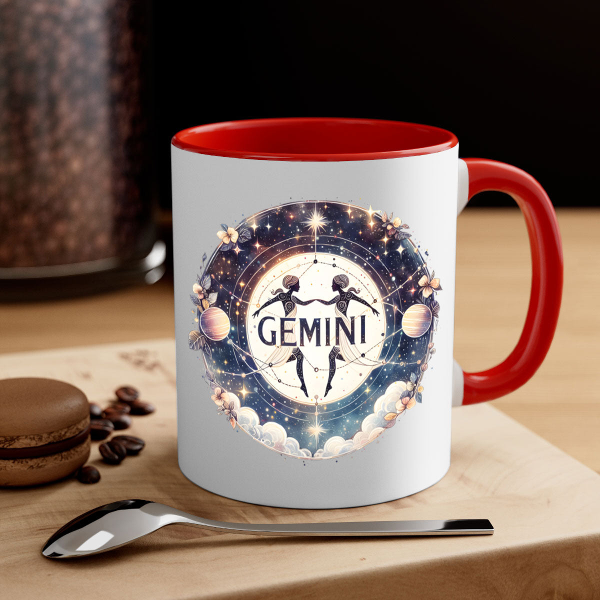 Gemini 237# Zodiac Mug with colorful handle and glossy finish, available in multiple colors and sizes.