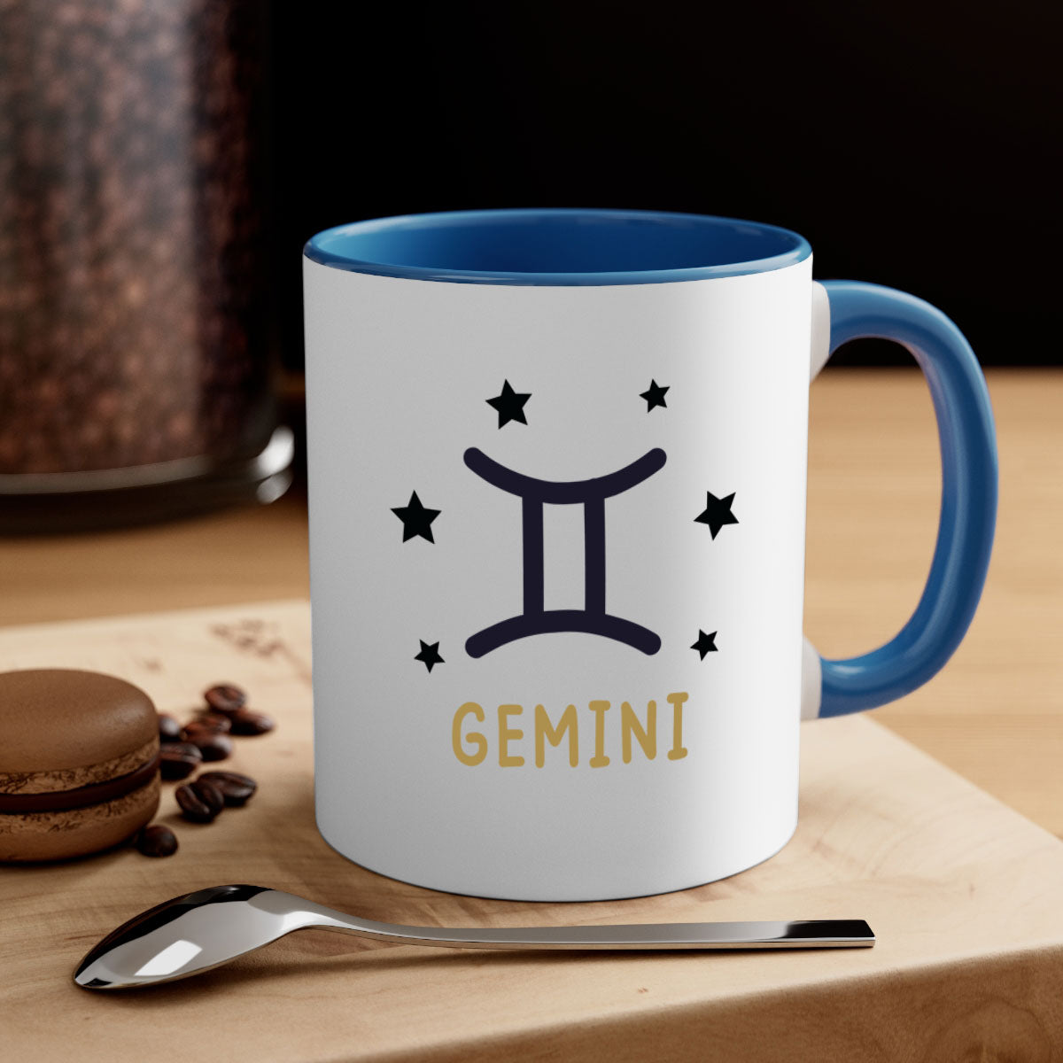Gemini 241# Zodiac Mug with colorful handle and glossy finish, available in multiple colors and sizes.