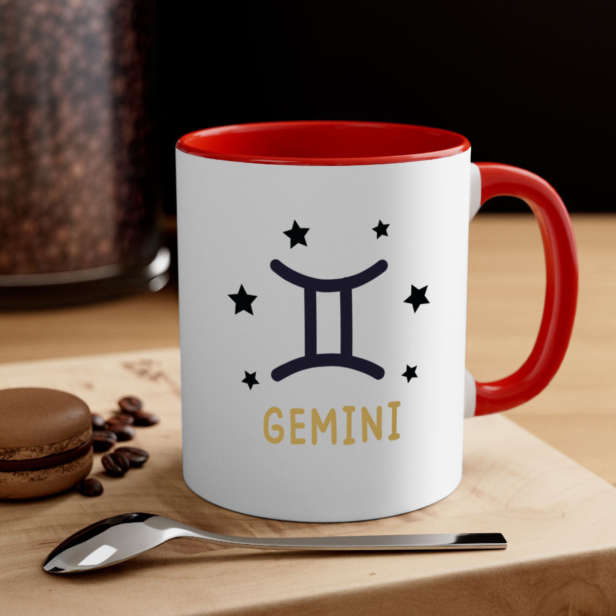 Gemini 241# Zodiac Mug with colorful handle and glossy finish, available in multiple colors and sizes.