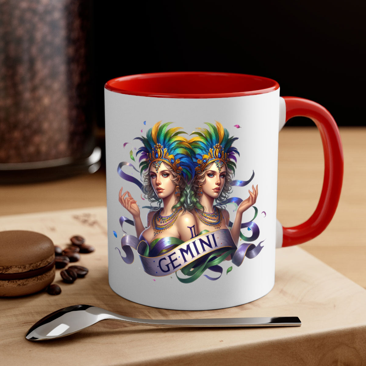 Gemini 243# Zodiac Mug with a glossy finish, featuring a colored handle and interior, available in five vibrant colors.