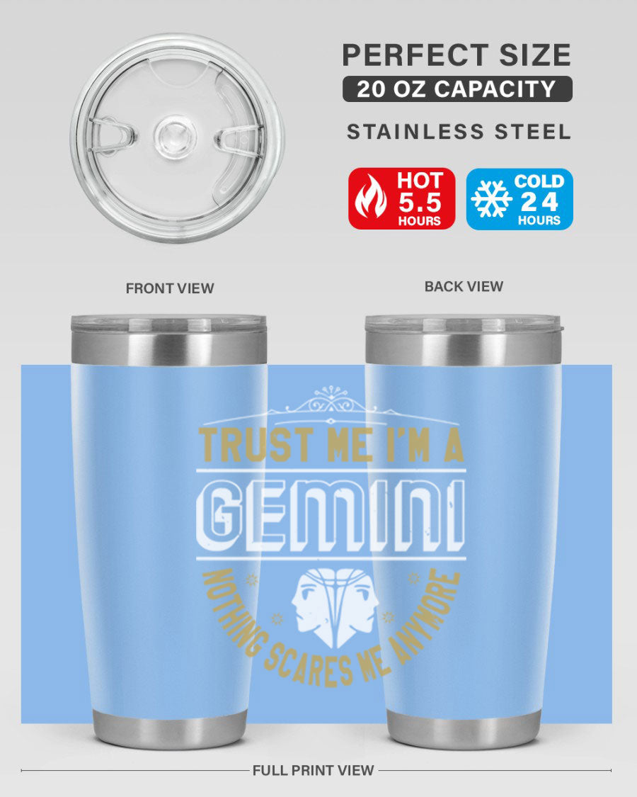 Gemini 245# Zodiac Tumbler in stainless steel with a sleek design, perfect for hot and cold beverages.