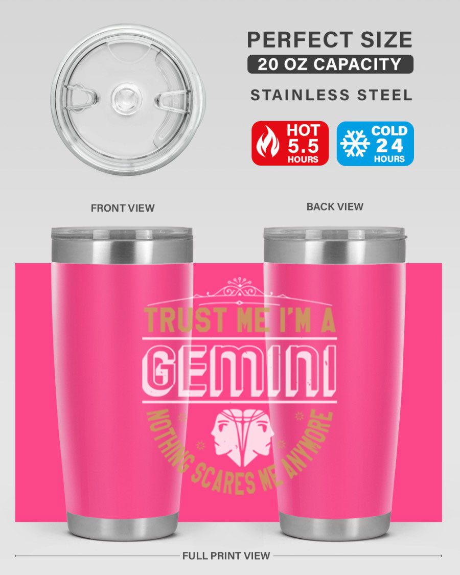 Gemini 245# Zodiac Tumbler in stainless steel with a sleek design, perfect for hot and cold beverages.