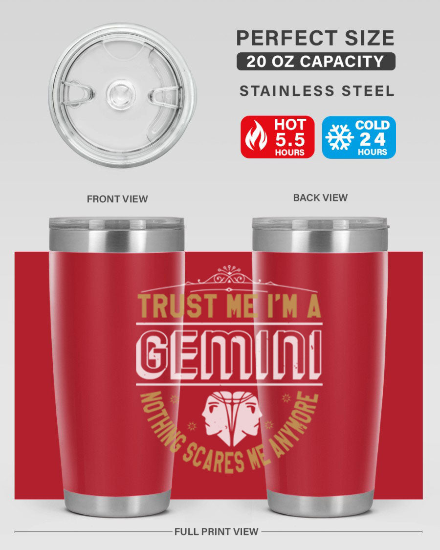 Gemini 245# Zodiac Tumbler in stainless steel with a sleek design, perfect for hot and cold beverages.