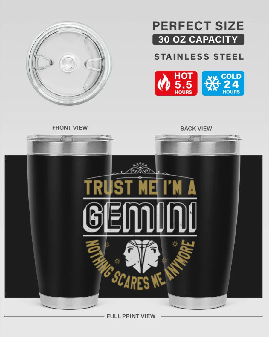 Gemini 245# Zodiac Tumbler in stainless steel with a sleek design, perfect for hot and cold beverages.
