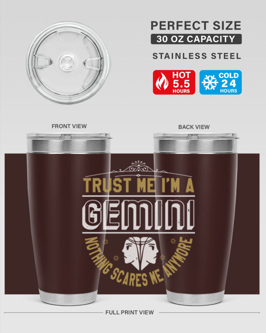 Gemini 245# Zodiac Tumbler in stainless steel with a sleek design, perfect for hot and cold beverages.