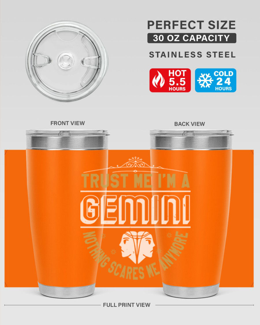 Gemini 245# Zodiac Tumbler in stainless steel with a sleek design, perfect for hot and cold beverages.