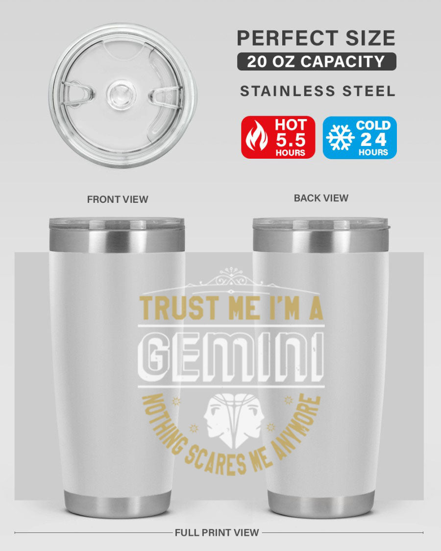 Gemini 245# Zodiac Tumbler in stainless steel with a sleek design, perfect for hot and cold beverages.