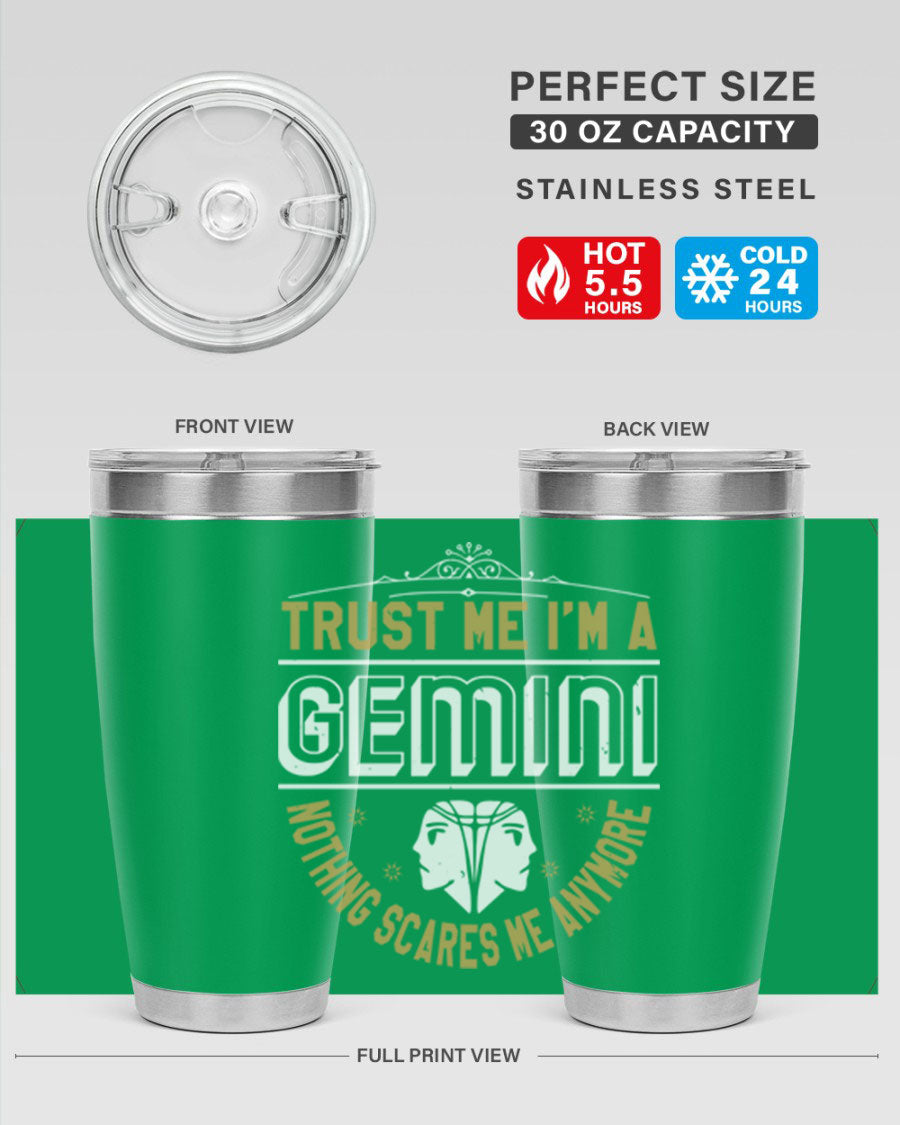 Gemini 245# Zodiac Tumbler in stainless steel with a sleek design, perfect for hot and cold beverages.
