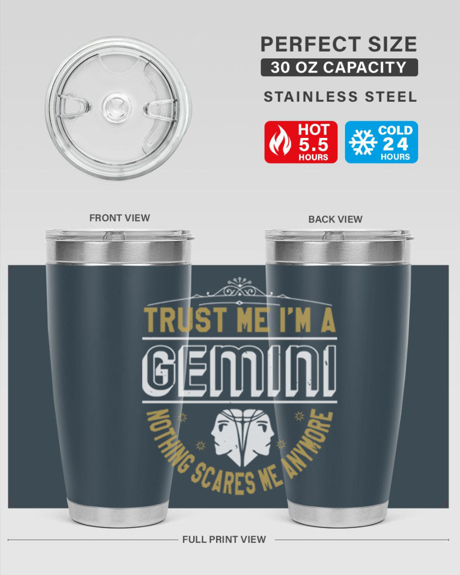 Gemini 245# Zodiac Tumbler in stainless steel with a sleek design, perfect for hot and cold beverages.