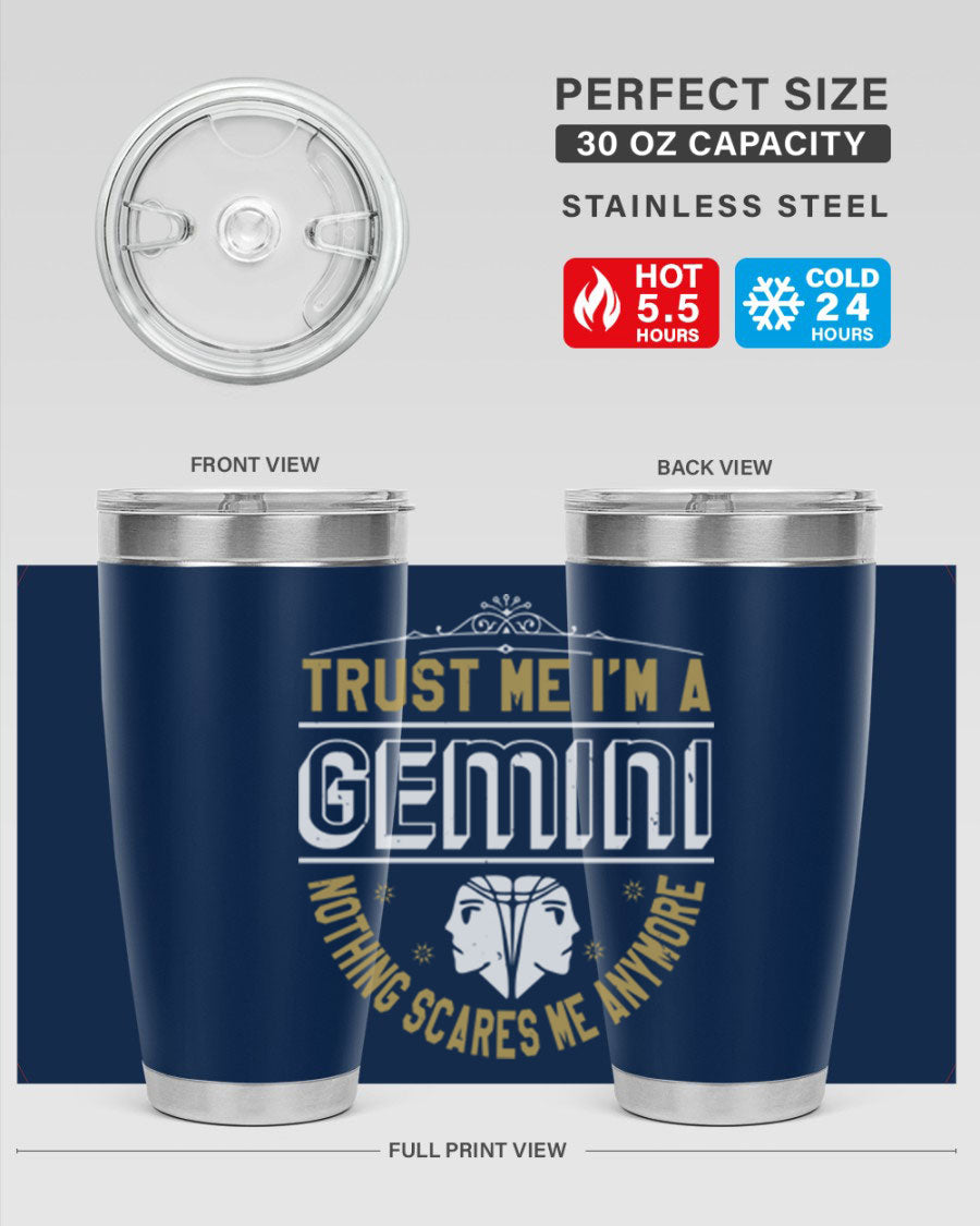 Gemini 245# Zodiac Tumbler in stainless steel with a sleek design, perfect for hot and cold beverages.