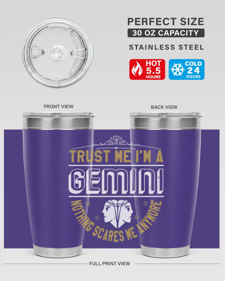 Gemini 245# Zodiac Tumbler in stainless steel with a sleek design, perfect for hot and cold beverages.