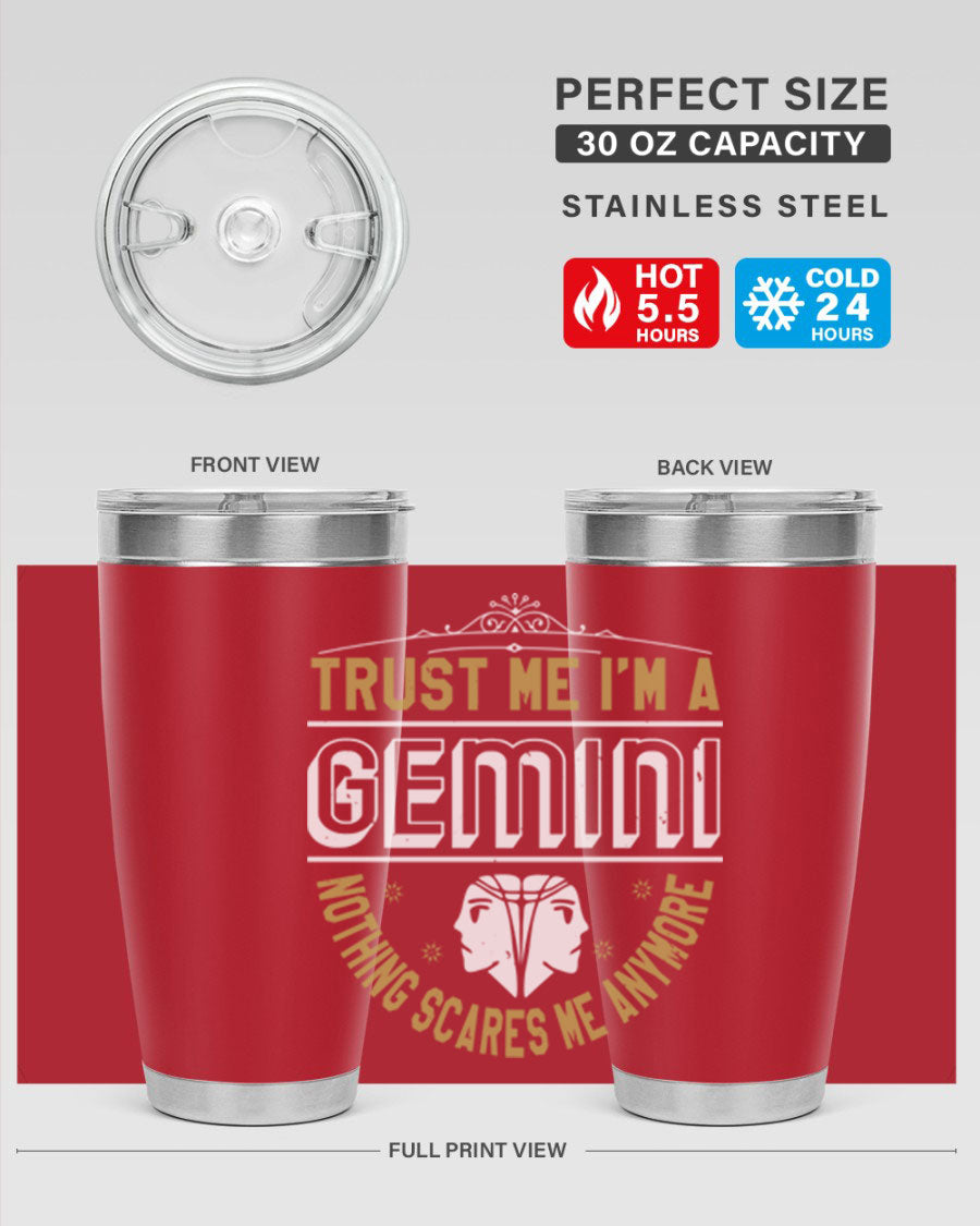 Gemini 245# Zodiac Tumbler in stainless steel with a sleek design, perfect for hot and cold beverages.