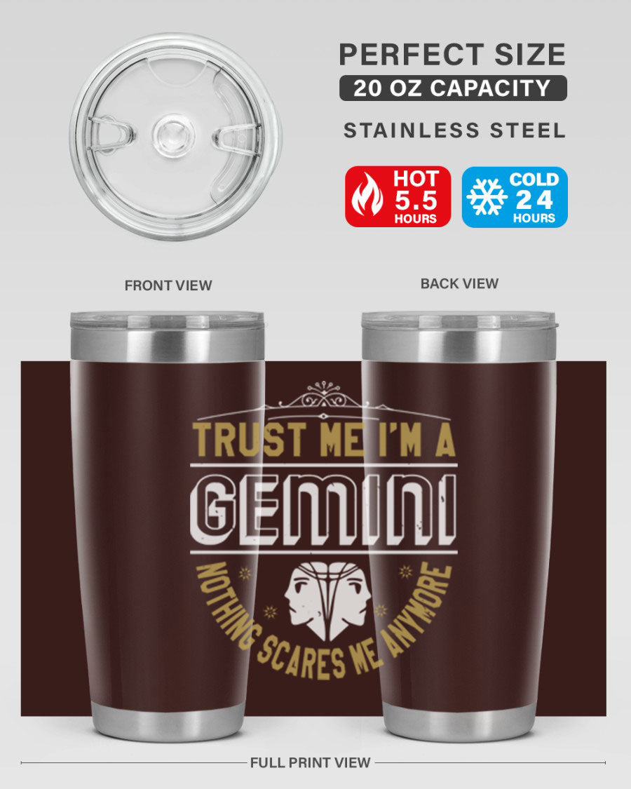 Gemini 245# Zodiac Tumbler in stainless steel with a sleek design, perfect for hot and cold beverages.