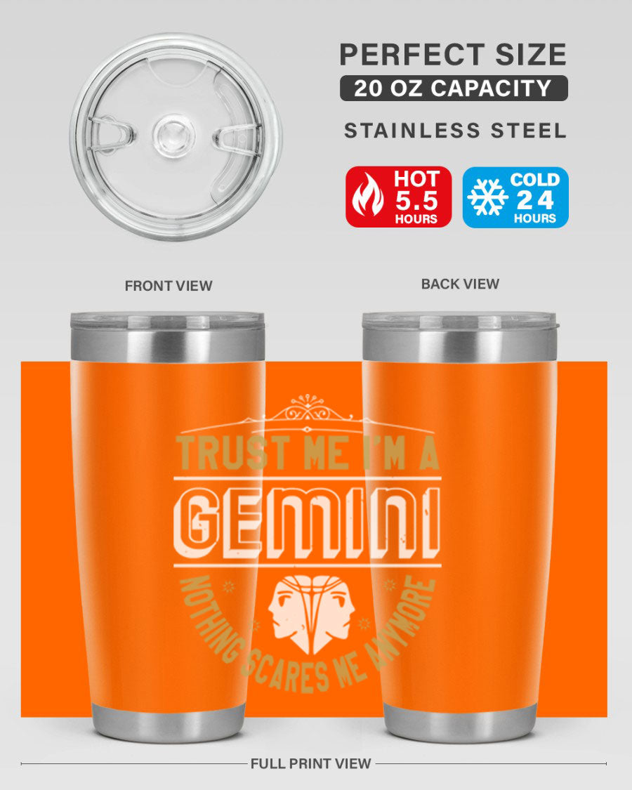 Gemini 245# Zodiac Tumbler in stainless steel with a sleek design, perfect for hot and cold beverages.
