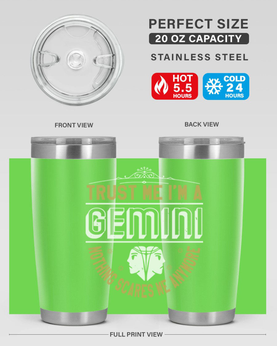 Gemini 245# Zodiac Tumbler in stainless steel with a sleek design, perfect for hot and cold beverages.