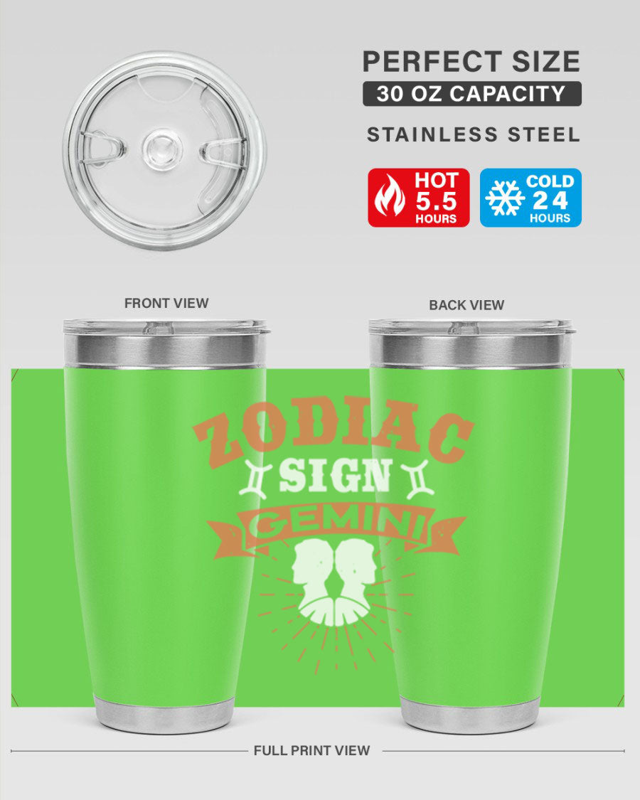 Gemini 246# Zodiac Tumbler in stainless steel with a vibrant design, showcasing its double wall vacuum insulation and drink-thru lid.