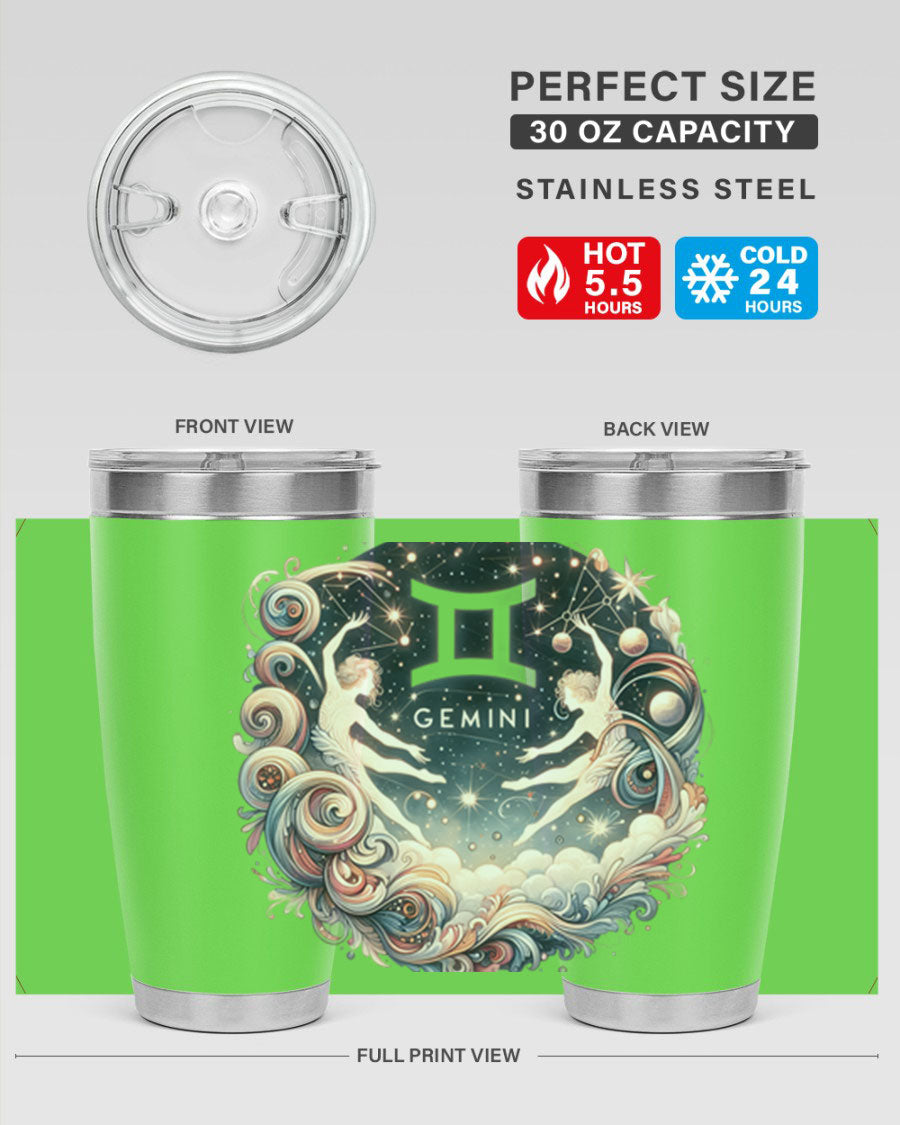 Gemini 248# Zodiac Tumbler in stainless steel with a vibrant zodiac design, showcasing its double wall vacuum insulation and drink-thru lid.