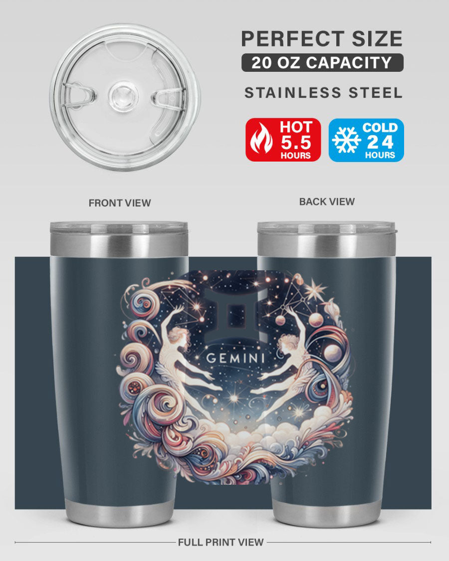 Gemini 248# Zodiac Tumbler in stainless steel with a vibrant zodiac design, showcasing its double wall vacuum insulation and drink-thru lid.