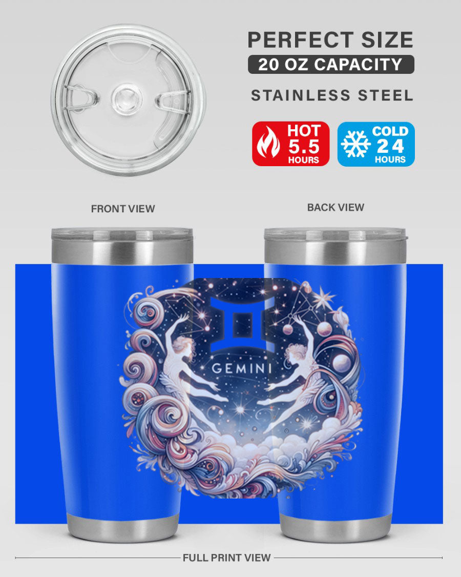 Gemini 248# Zodiac Tumbler in stainless steel with a vibrant zodiac design, showcasing its double wall vacuum insulation and drink-thru lid.