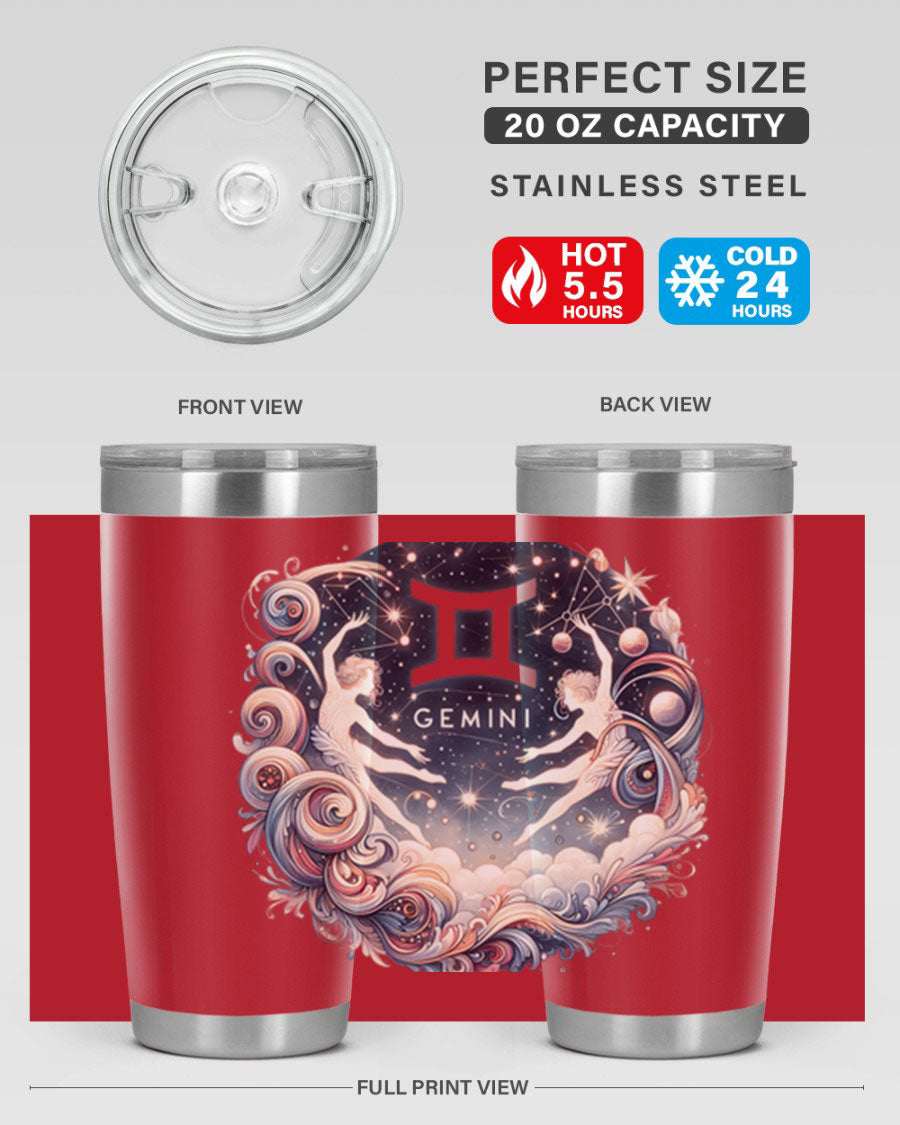 Gemini 248# Zodiac Tumbler in stainless steel with a vibrant zodiac design, showcasing its double wall vacuum insulation and drink-thru lid.