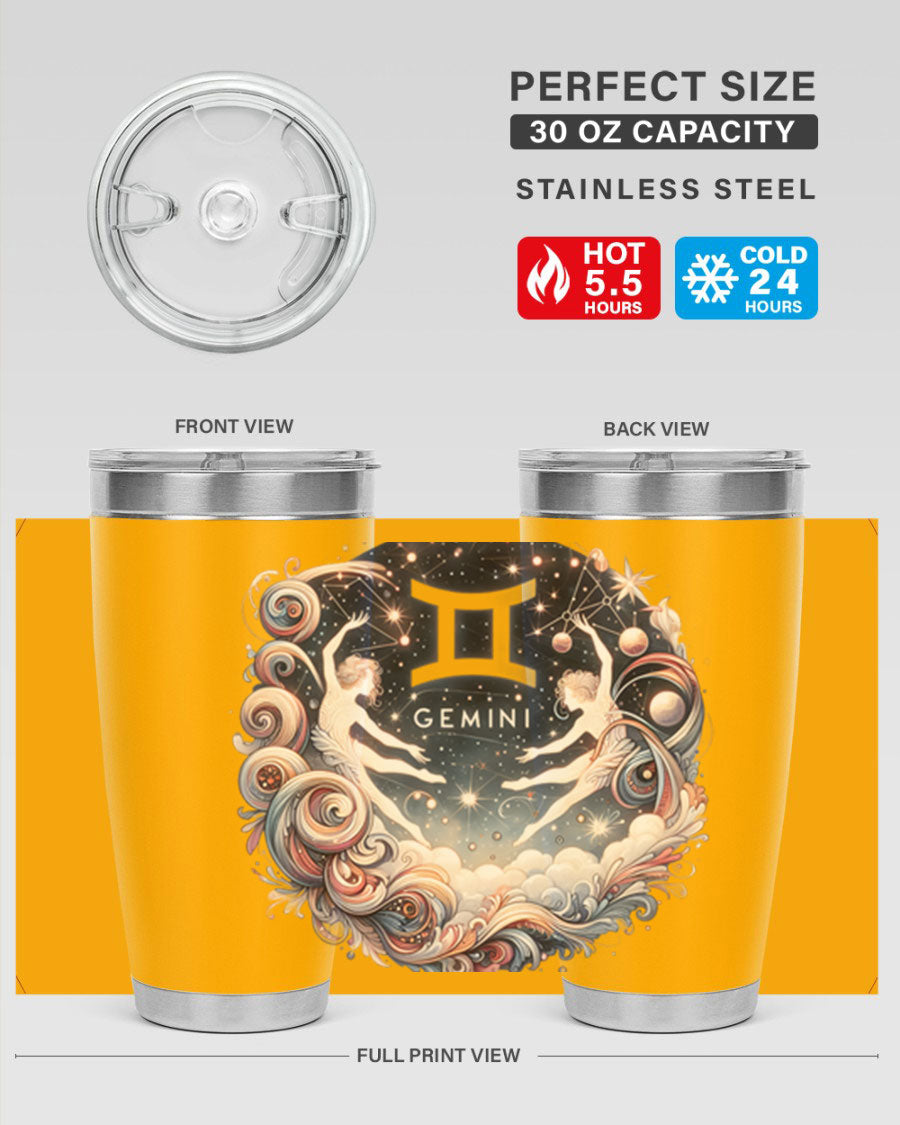 Gemini 248# Zodiac Tumbler in stainless steel with a vibrant zodiac design, showcasing its double wall vacuum insulation and drink-thru lid.