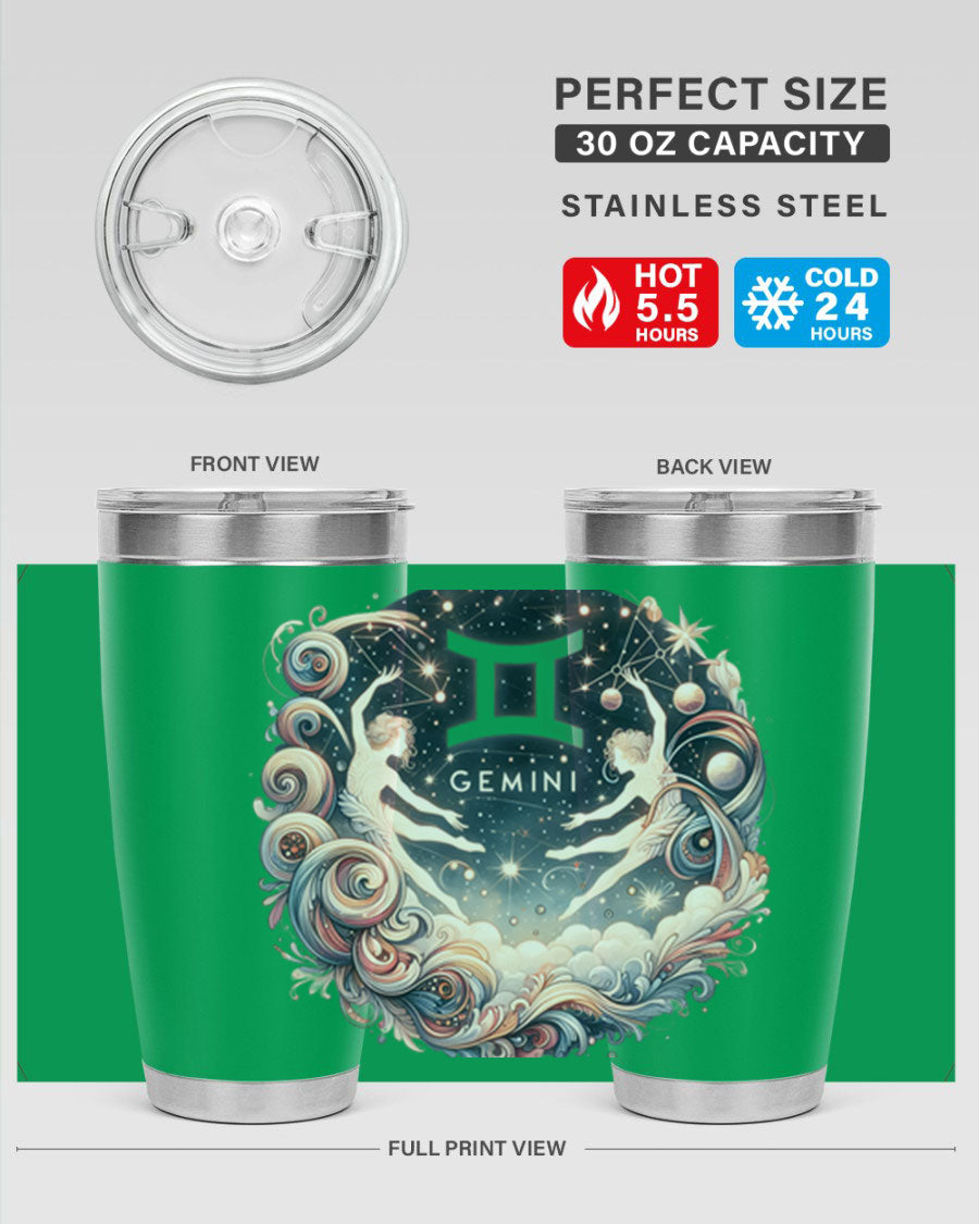 Gemini 248# Zodiac Tumbler in stainless steel with a vibrant zodiac design, showcasing its double wall vacuum insulation and drink-thru lid.