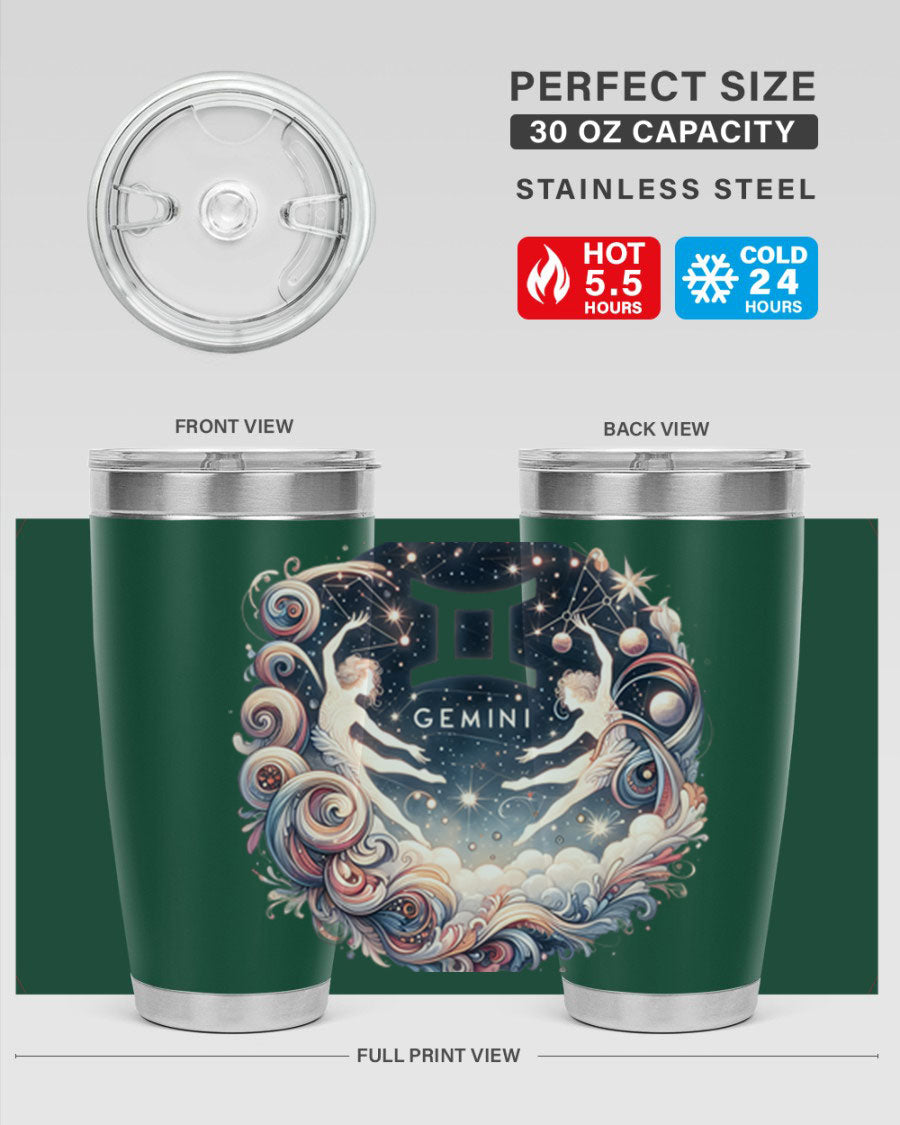 Gemini 248# Zodiac Tumbler in stainless steel with a vibrant zodiac design, showcasing its double wall vacuum insulation and drink-thru lid.