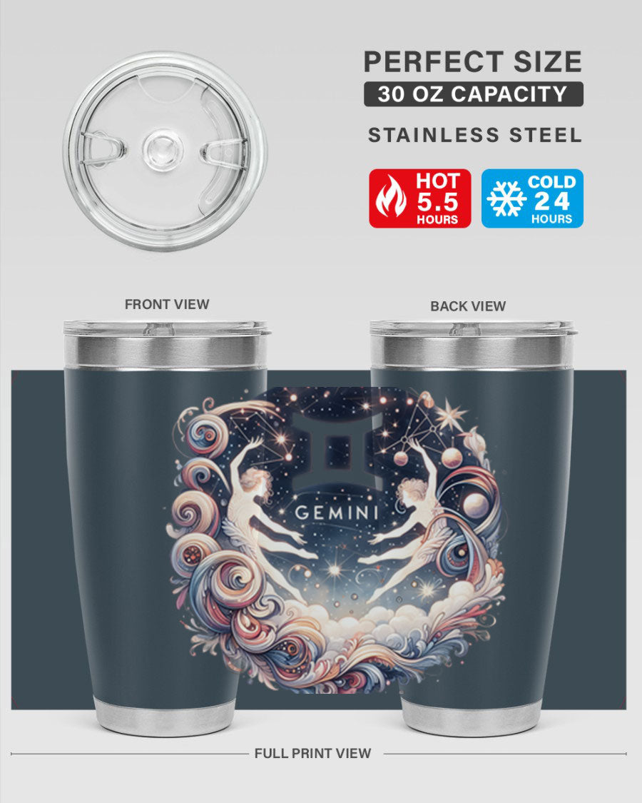Gemini 248# Zodiac Tumbler in stainless steel with a vibrant zodiac design, showcasing its double wall vacuum insulation and drink-thru lid.