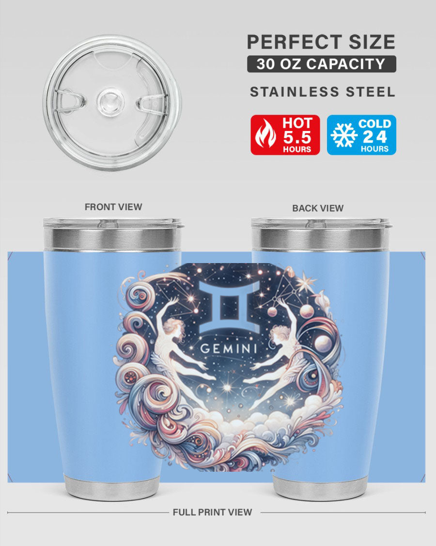 Gemini 248# Zodiac Tumbler in stainless steel with a vibrant zodiac design, showcasing its double wall vacuum insulation and drink-thru lid.
