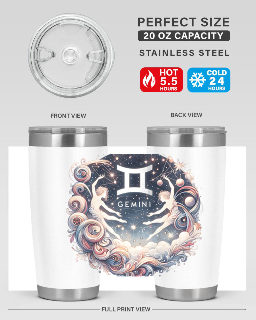 Gemini 248# Zodiac Tumbler in stainless steel with a vibrant zodiac design, showcasing its double wall vacuum insulation and drink-thru lid.