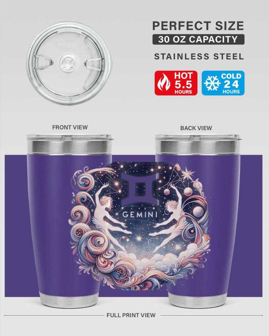 Gemini 248# Zodiac Tumbler in stainless steel with a vibrant zodiac design, showcasing its double wall vacuum insulation and drink-thru lid.