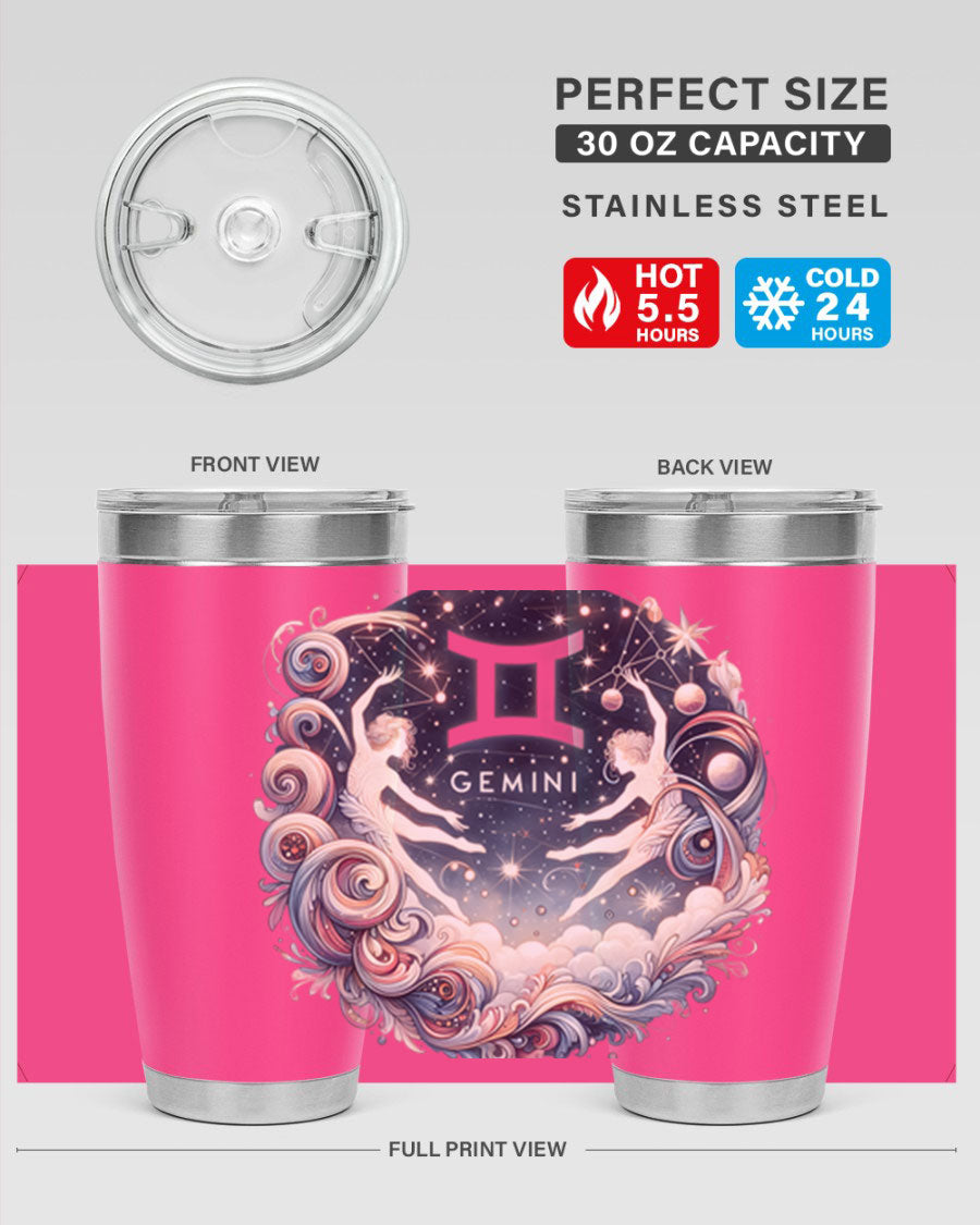 Gemini 248# Zodiac Tumbler in stainless steel with a vibrant zodiac design, showcasing its double wall vacuum insulation and drink-thru lid.