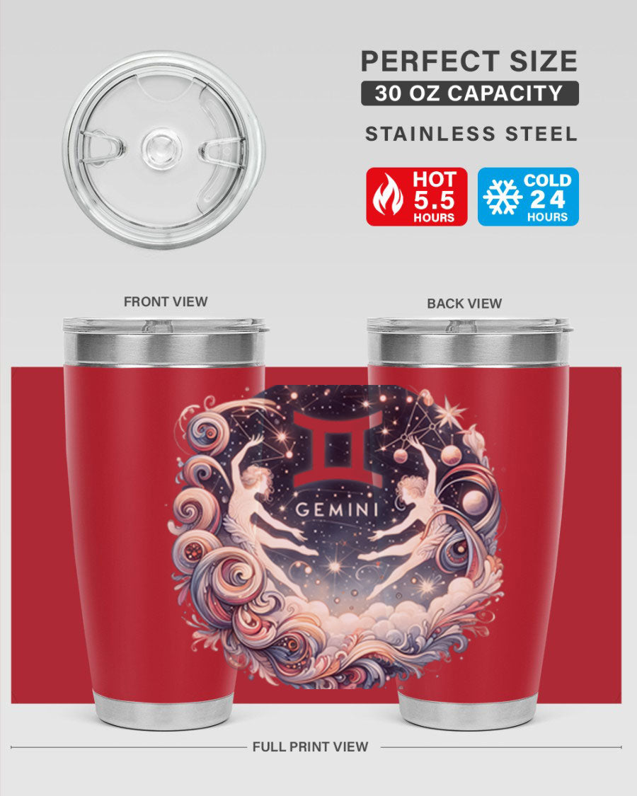 Gemini 248# Zodiac Tumbler in stainless steel with a vibrant zodiac design, showcasing its double wall vacuum insulation and drink-thru lid.
