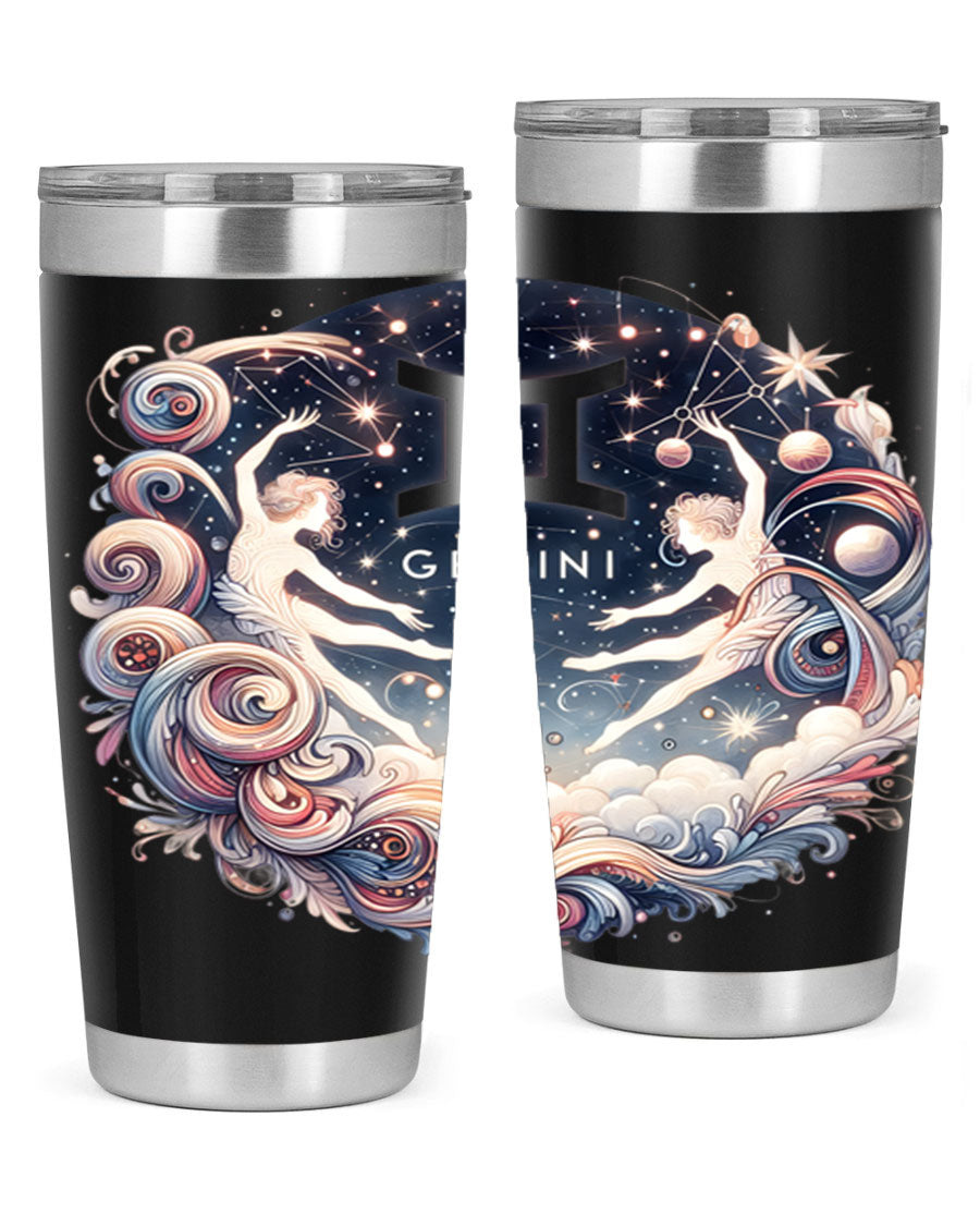 Gemini 248# Zodiac Tumbler in stainless steel with a vibrant zodiac design, showcasing its double wall vacuum insulation and drink-thru lid.