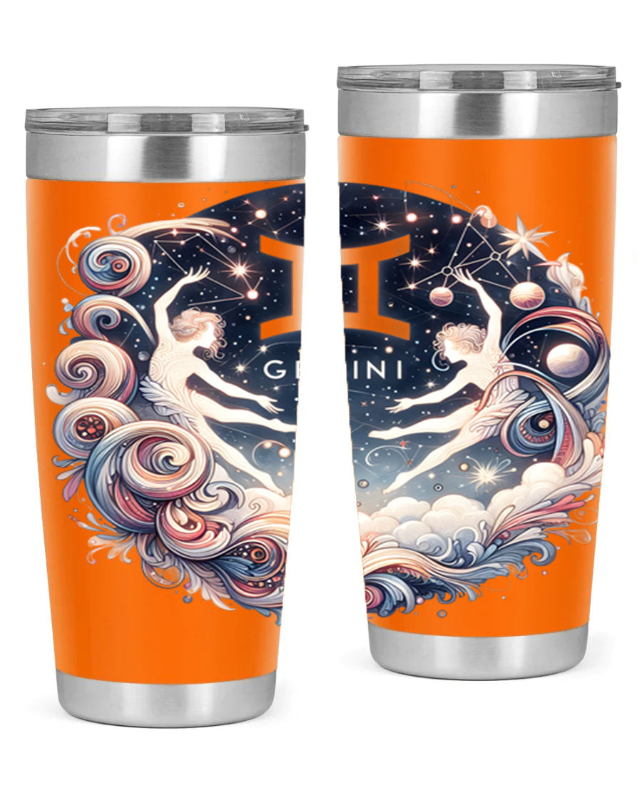 Gemini 248# Zodiac Tumbler in stainless steel with a vibrant zodiac design, showcasing its double wall vacuum insulation and drink-thru lid.