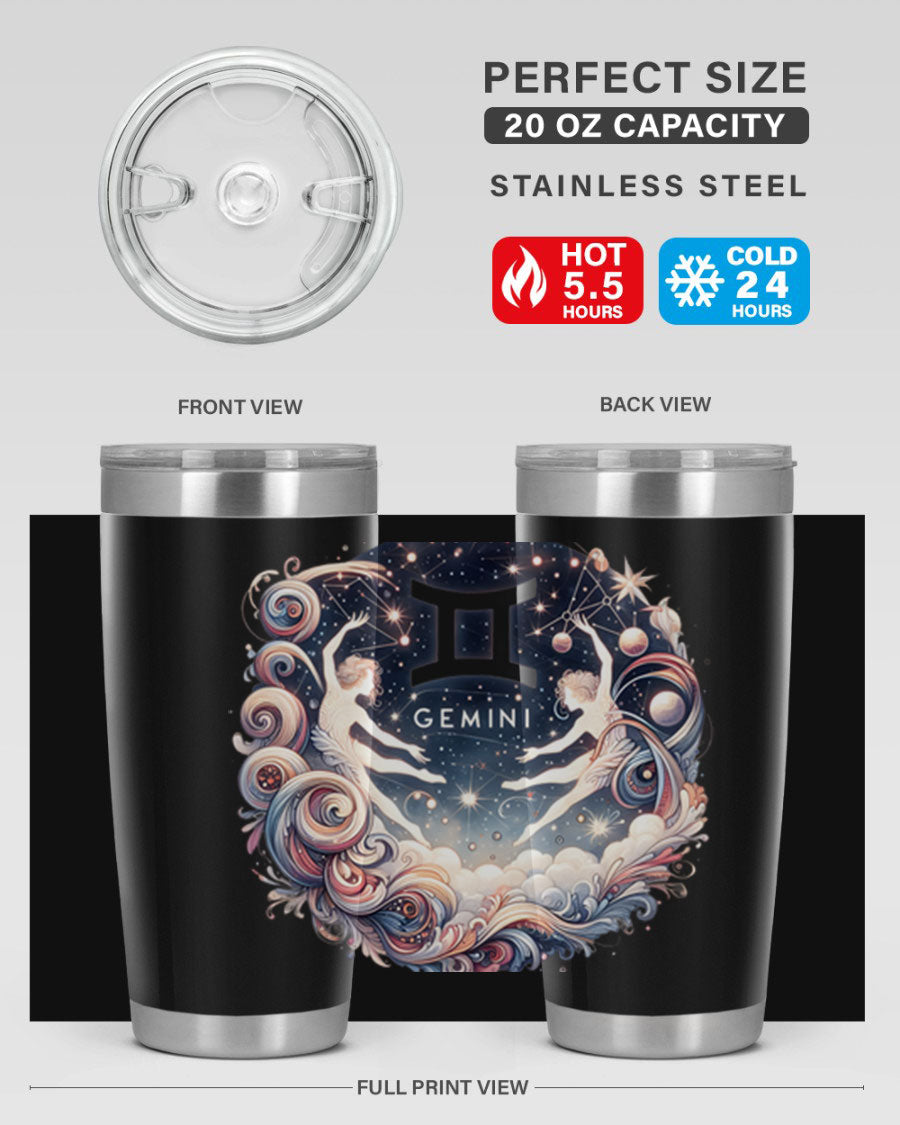 Gemini 248# Zodiac Tumbler in stainless steel with a vibrant zodiac design, showcasing its double wall vacuum insulation and drink-thru lid.