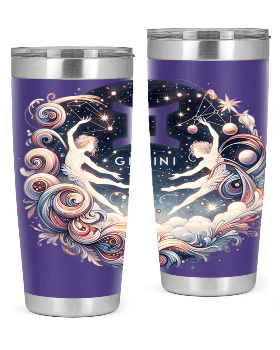 Gemini 248# Zodiac Tumbler in stainless steel with a vibrant zodiac design, showcasing its double wall vacuum insulation and drink-thru lid.