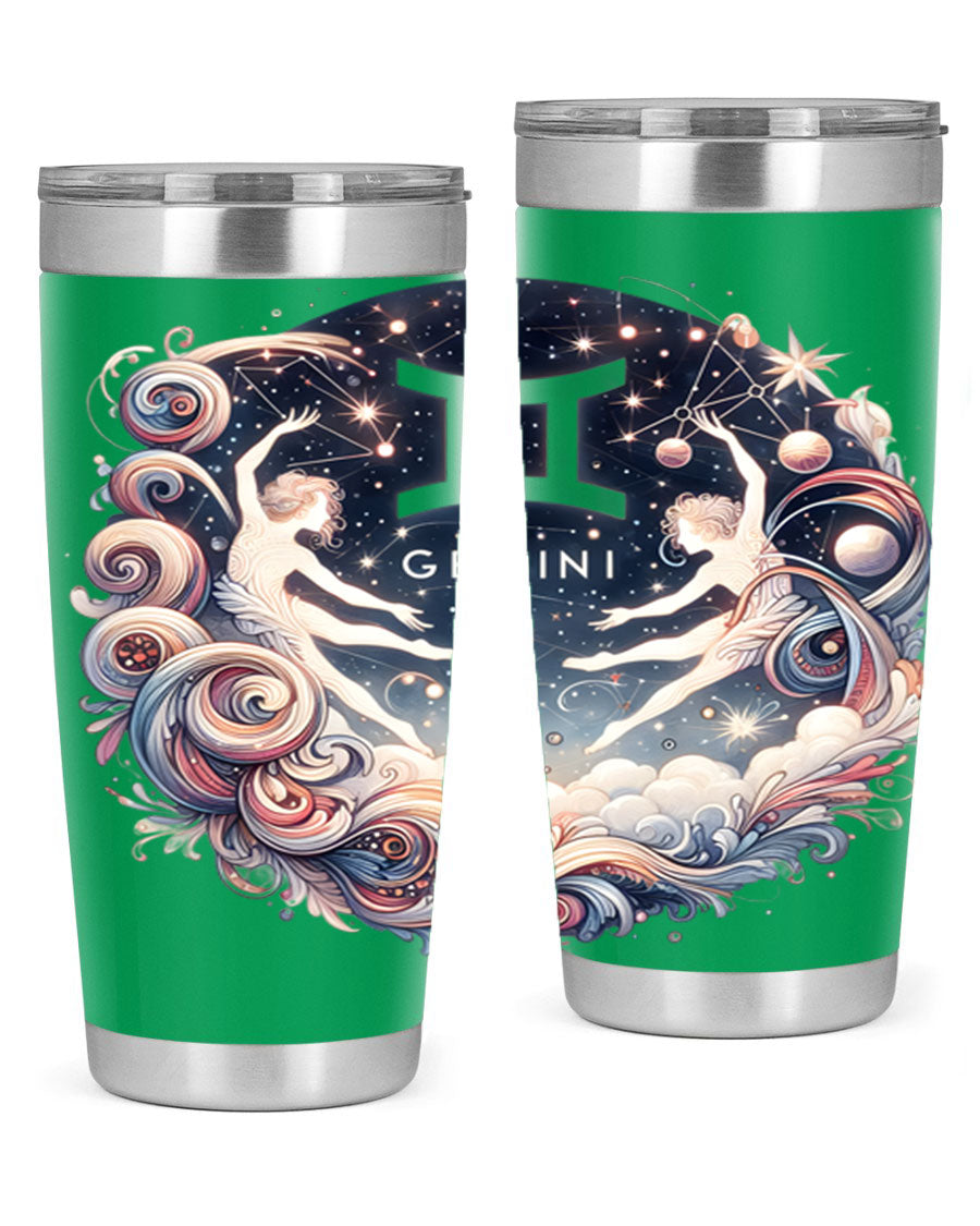 Gemini 248# Zodiac Tumbler in stainless steel with a vibrant zodiac design, showcasing its double wall vacuum insulation and drink-thru lid.
