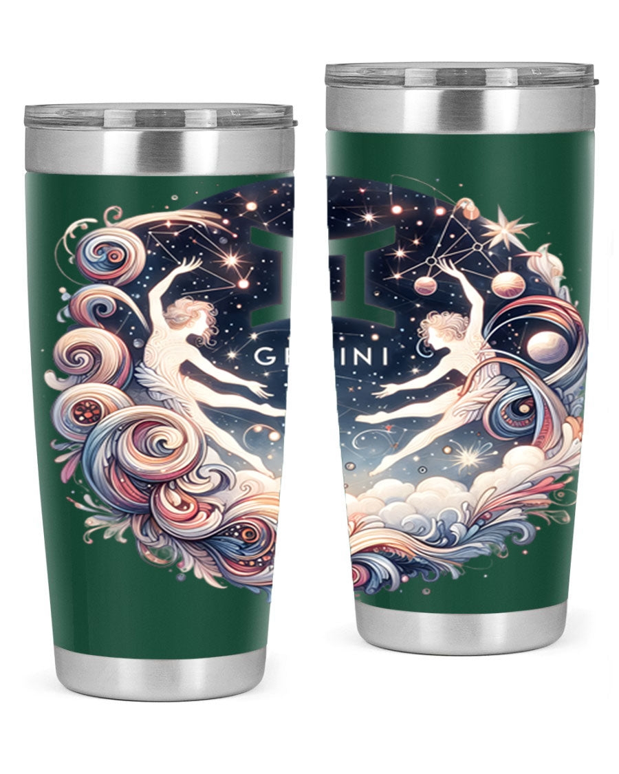 Gemini 248# Zodiac Tumbler in stainless steel with a vibrant zodiac design, showcasing its double wall vacuum insulation and drink-thru lid.