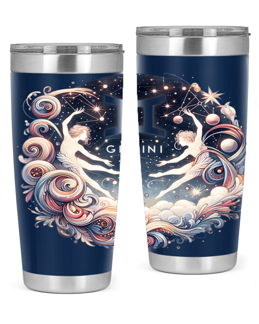 Gemini 248# Zodiac Tumbler in stainless steel with a vibrant zodiac design, showcasing its double wall vacuum insulation and drink-thru lid.