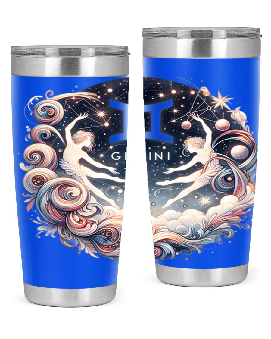 Gemini 248# Zodiac Tumbler in stainless steel with a vibrant zodiac design, showcasing its double wall vacuum insulation and drink-thru lid.