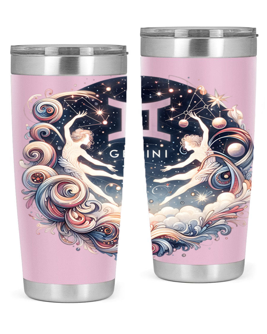 Gemini 248# Zodiac Tumbler in stainless steel with a vibrant zodiac design, showcasing its double wall vacuum insulation and drink-thru lid.