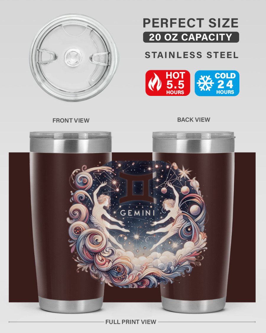 Gemini 248# Zodiac Tumbler in stainless steel with a vibrant zodiac design, showcasing its double wall vacuum insulation and drink-thru lid.