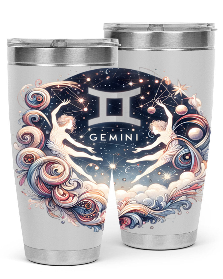 Gemini 248# Zodiac Tumbler in stainless steel with a vibrant zodiac design, showcasing its double wall vacuum insulation and drink-thru lid.