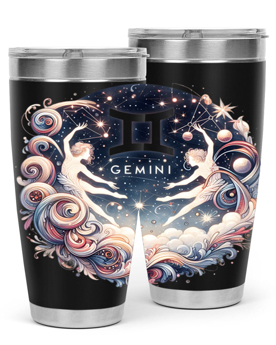 Gemini 248# Zodiac Tumbler in stainless steel with a vibrant zodiac design, showcasing its double wall vacuum insulation and drink-thru lid.