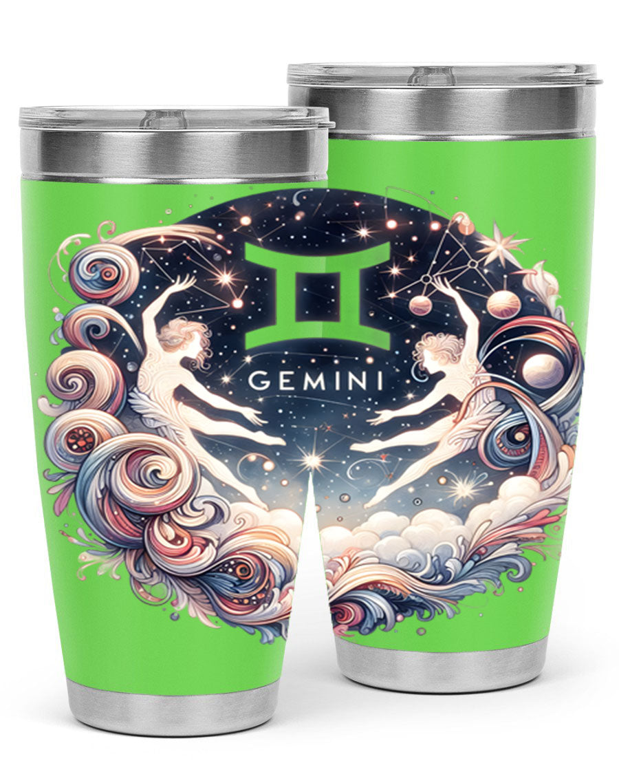 Gemini 248# Zodiac Tumbler in stainless steel with a vibrant zodiac design, showcasing its double wall vacuum insulation and drink-thru lid.
